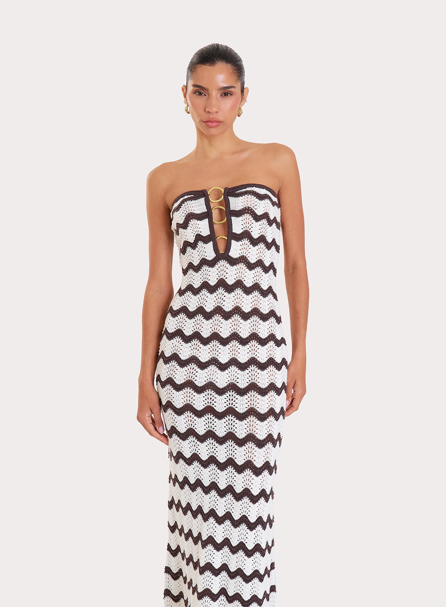 Chocolate And Cream Chevron Print Knitted Bandeau Maxi Dress
